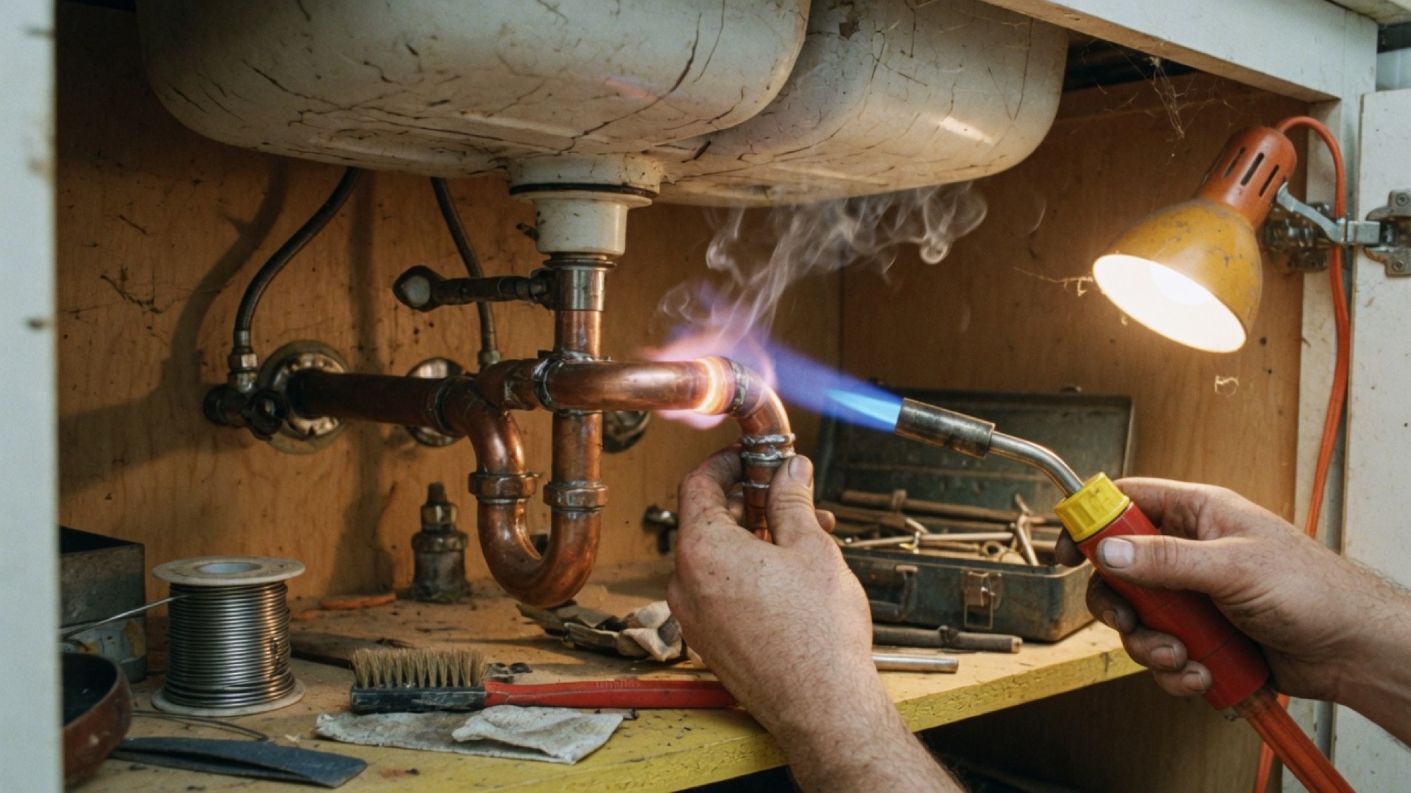 Hands heating a copper elbow under a kitchen sink.