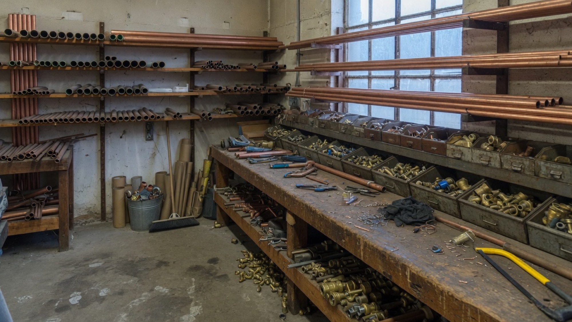 Copper pipe racks and brass fittings on the bench at the Grafton Street shop.