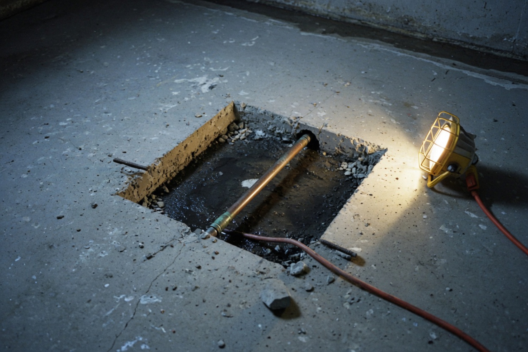 One square opened in a slab with copper exposed.