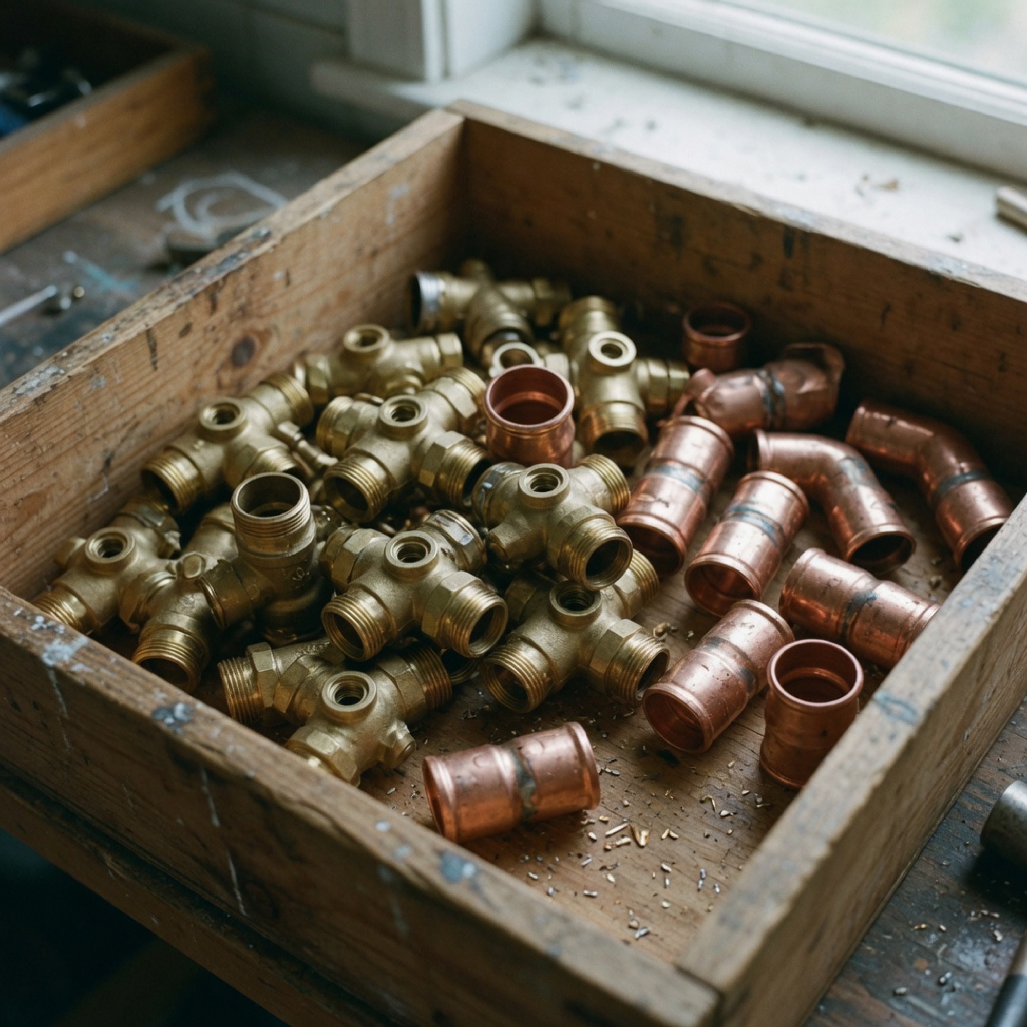 Brass fittings and copper couplings in a wooden bin on the shop bench.